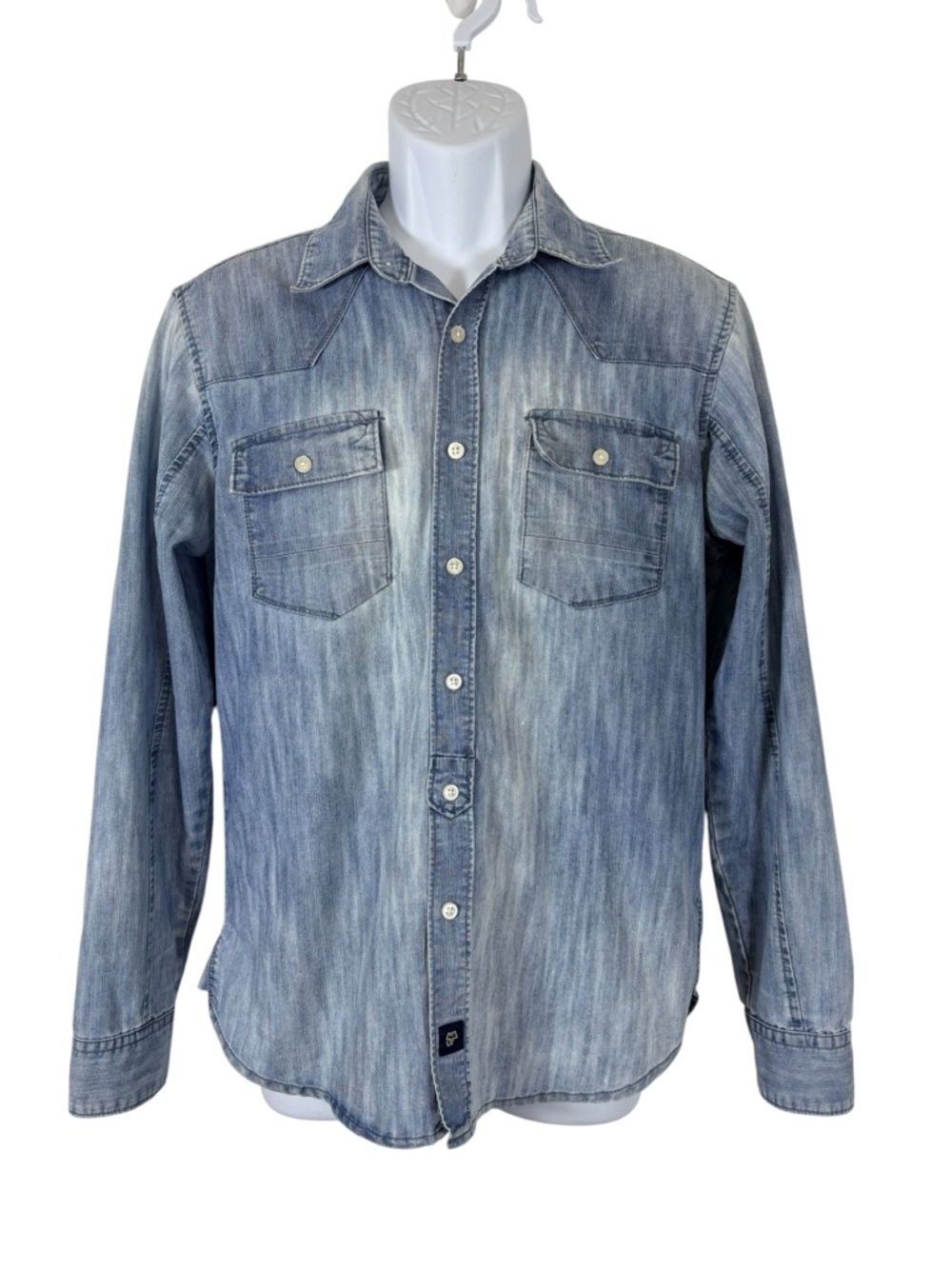 Silver Plate Jeans Co Slim Fit Denim Shirt Button Front Western Chambray Top SzS